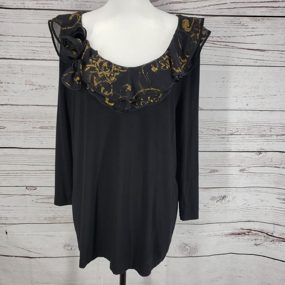 Lauren Ralph Lauren Black Scoop Golden Ruffle Neck 3/4 Sleeve Top Size 1X